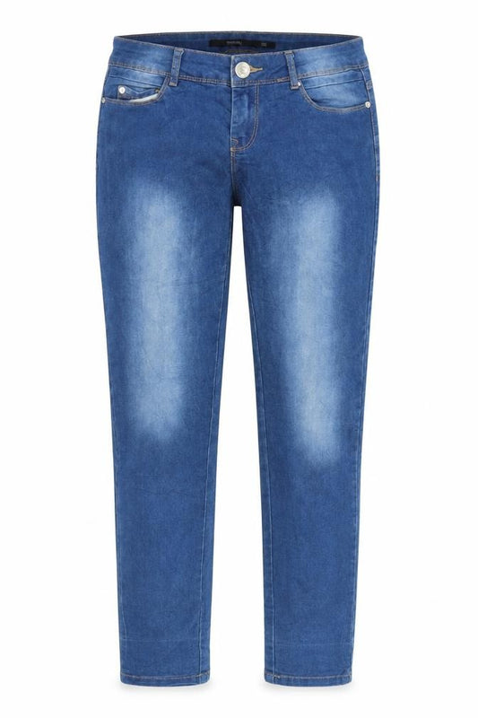 Front view of Sinsay women’s blue denim straight jeans, size UK 8, 30-inch leg