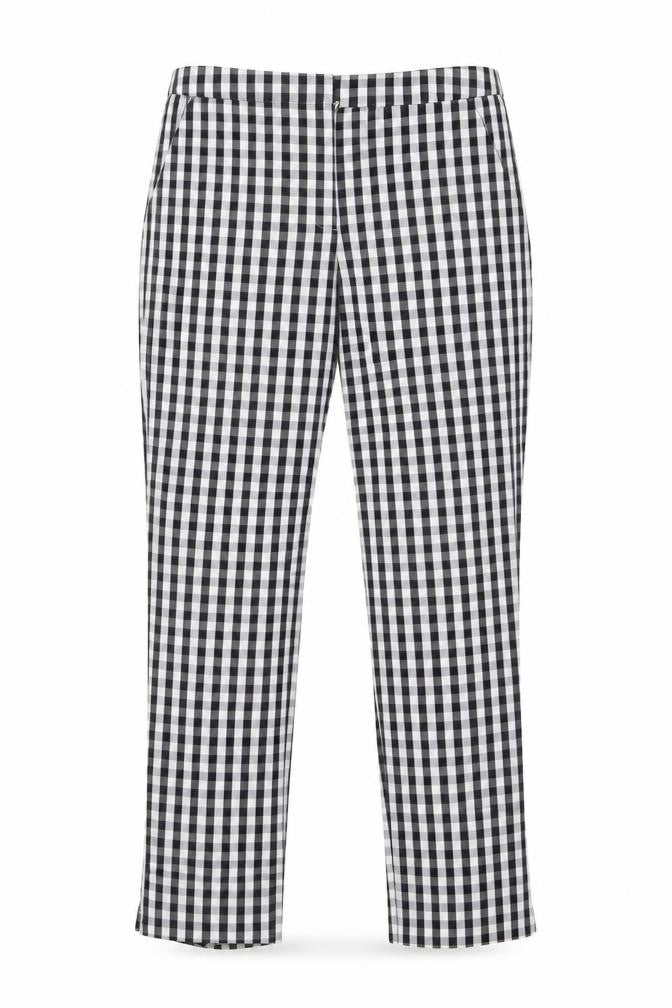 Front view of Peacocks women’s black check trousers, size UK 10, 27-inch leg