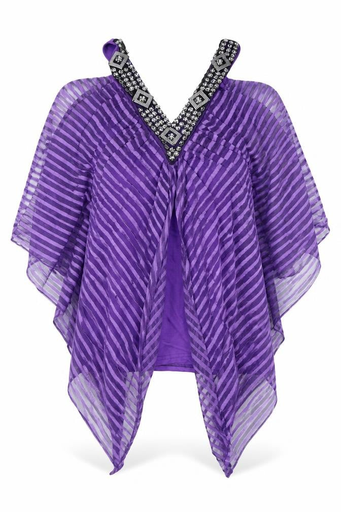 Front view of Club L women’s purple striped basic blouse, size M