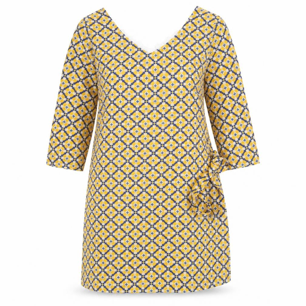 Front view of Melya Melody women’s yellow geometric shift, size S