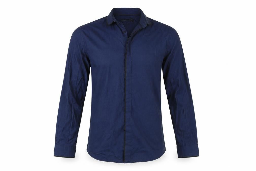 Front view of Cedarwood State men’s blue button-up, size 15