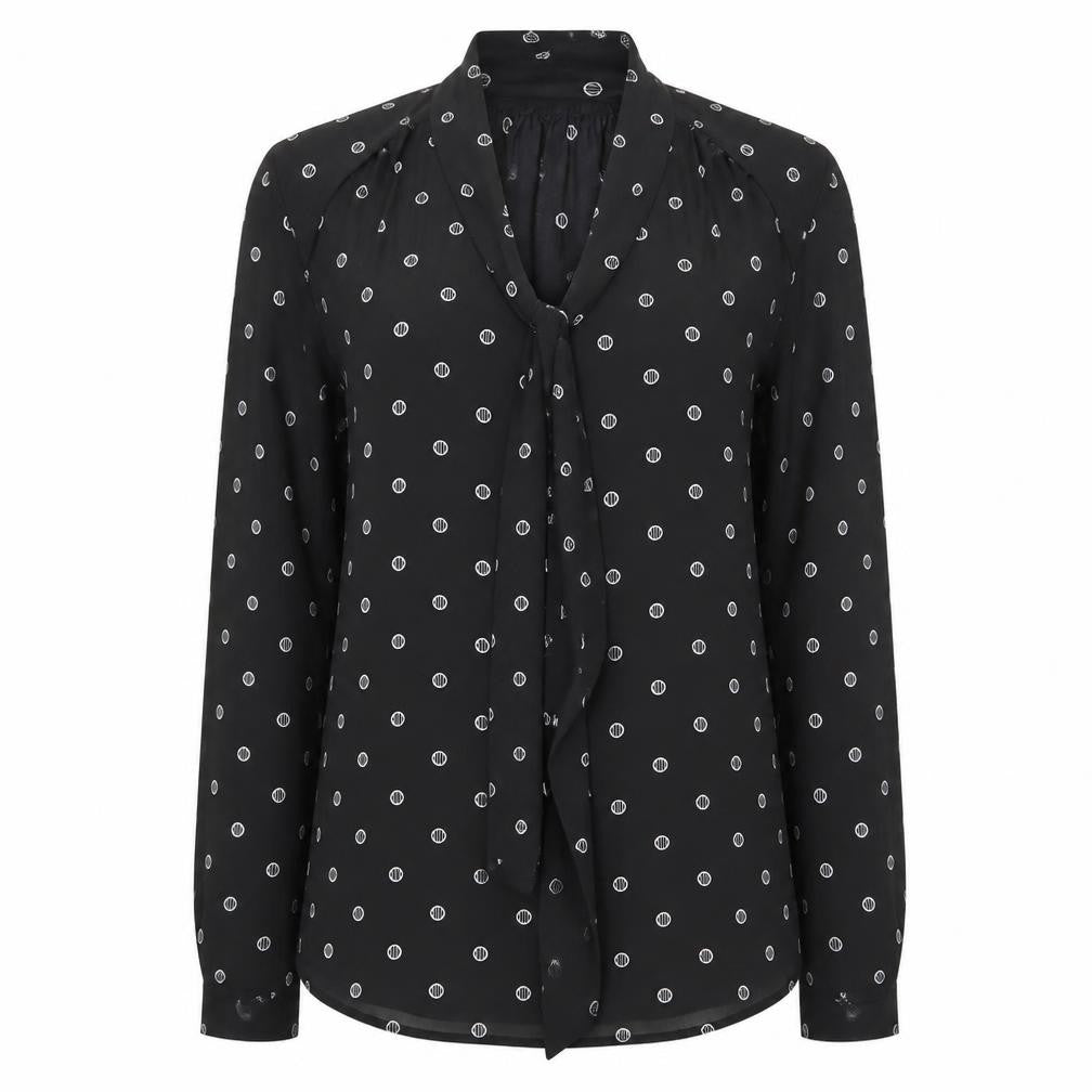 Front view of LOFT women’s black geometric chiffon basic blouse, size S