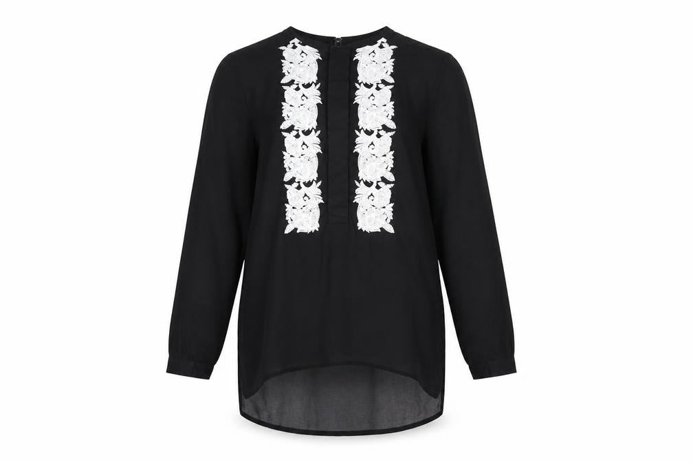 Front view of Next women’s black floral chiffon tunic blouse, size UK 6