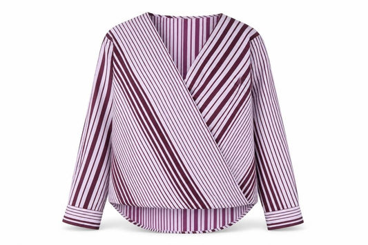 Front view of Next women’s purple striped basic blouse, size UK 12