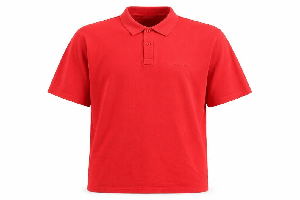 Front view of COTTON CLASSICS men’s red polo, size L