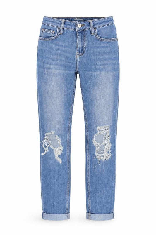 Front view of Topshop women’s blue denim straight jeans, size UK 25, in, 27-inch leg - distressed