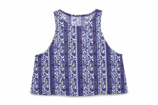 Front view of Divided by H&M women’s blue floral cropped tank, size M