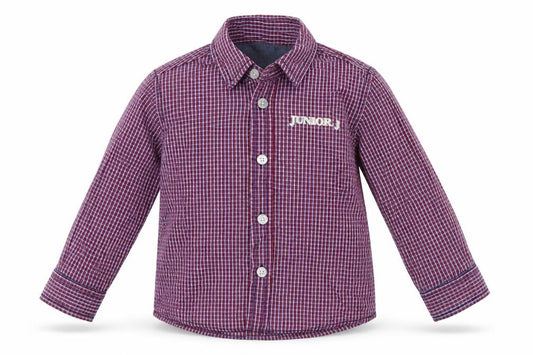 Front view of Junior J boys’ red check basic button-up, size 18-24, months