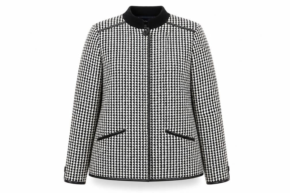 Front view of Preworn women’s white check jacket blazer, size UK 12