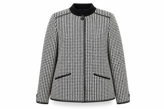 Front view of Preworn women’s white check jacket blazer, size UK 12