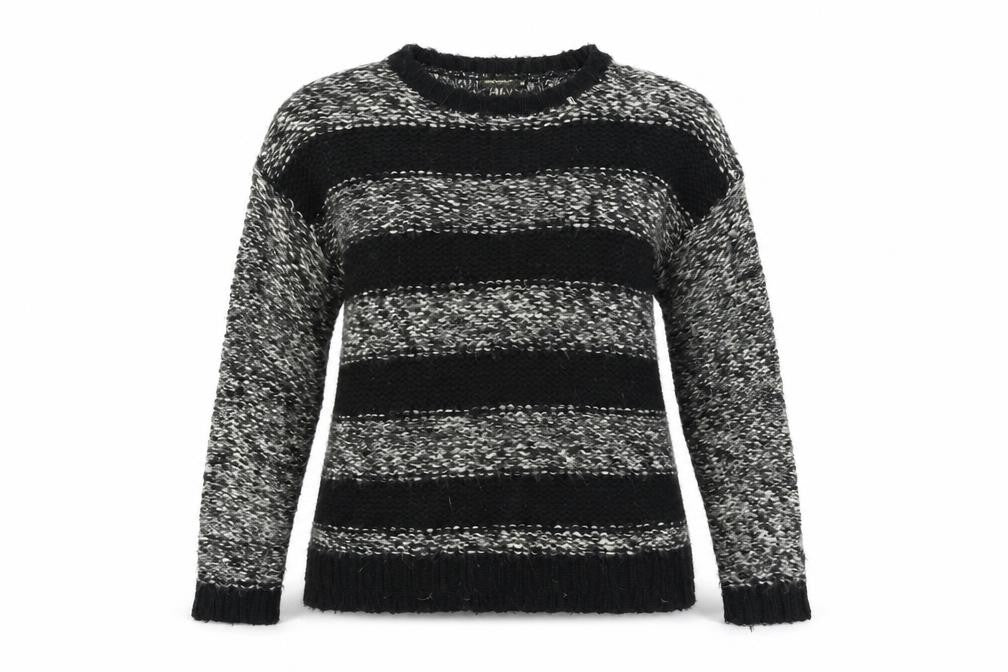 Front view of QED London women’s grey striped jumper, size M