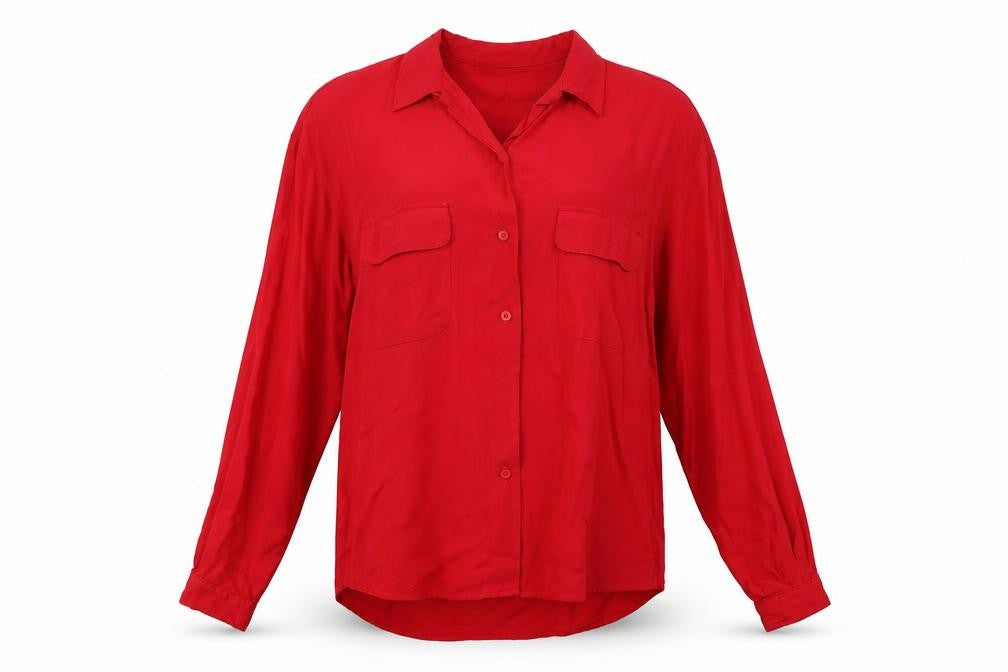 Front view of Etam women’s red basic button-up, size UK 10