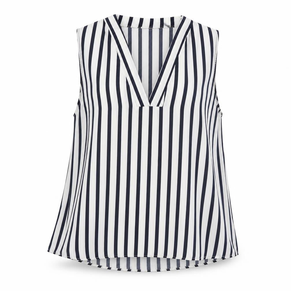 Front view of sfera basic women’s white striped basic blouse, size XL