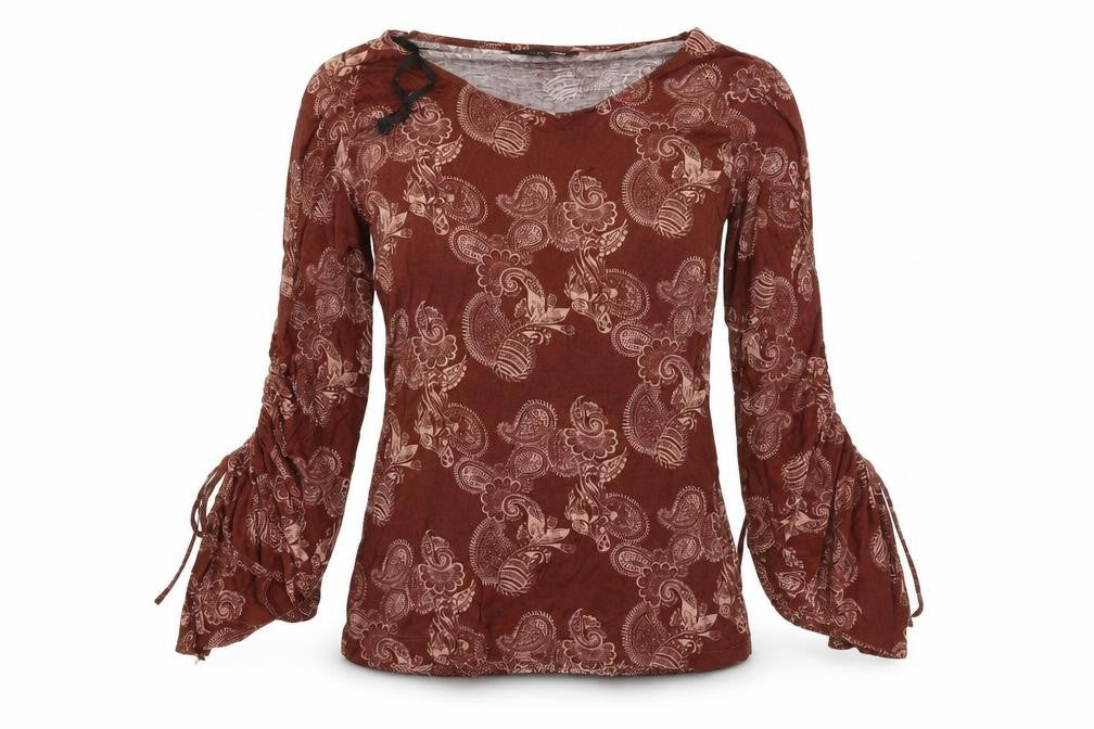 Front view of H&M women’s brown geometric basic t-shirt, size M