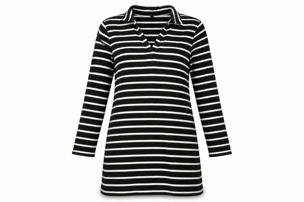 Front view of uniclo women’s black striped jumper, size S