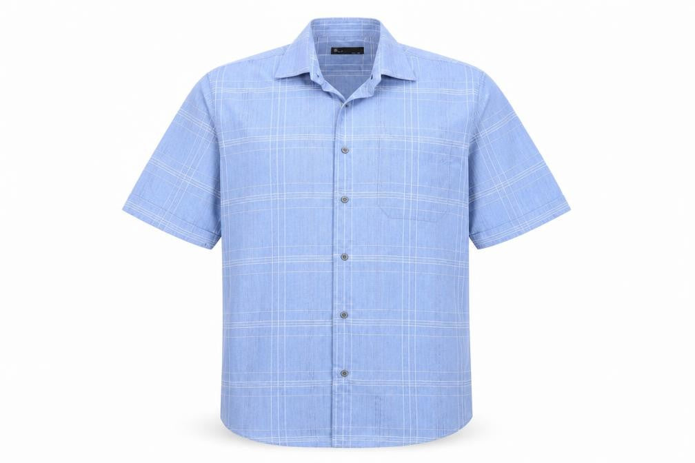 Front view of BHS men’s blue check button-up, size 15
