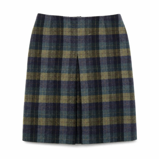 Front view of Preworn women’s blue plaid pleated skirt, size L