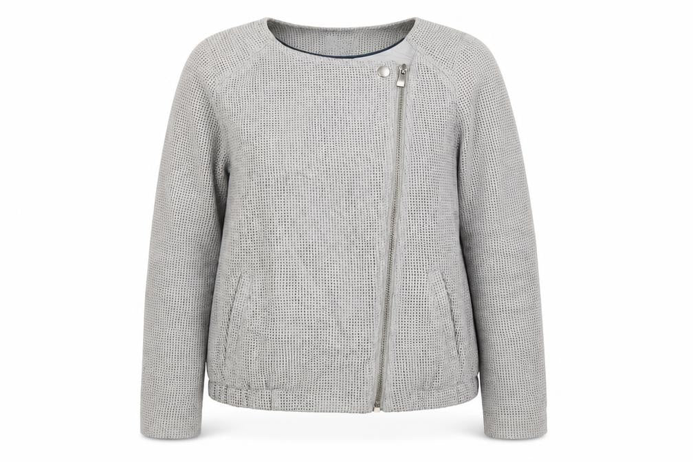 Front view of Next women’s grey motorcycle jacket coat, size UK 12