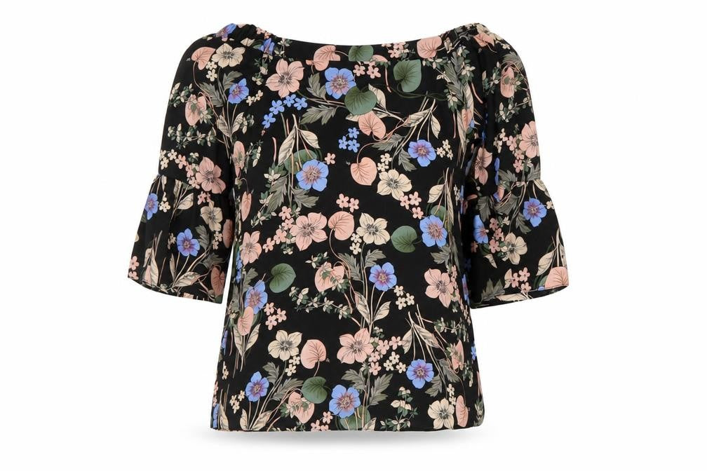 Front view of F&F women’s black floral mesh basic blouse, size UK 10