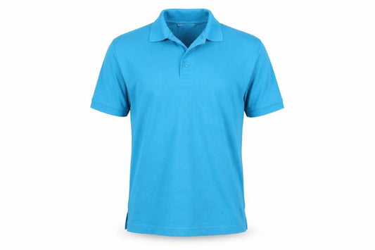 Front view of Kustom Kit men’s blue polo, size S