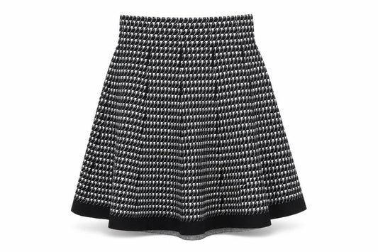 Front view of Vila Milano women’s black houndstooth knit flare skirt, size S