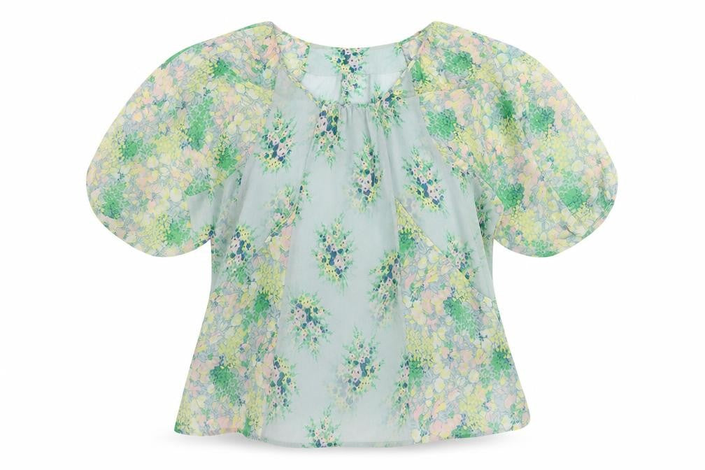 Front view of Topshop women’s blue floral chiffon basic blouse, size UK 10
