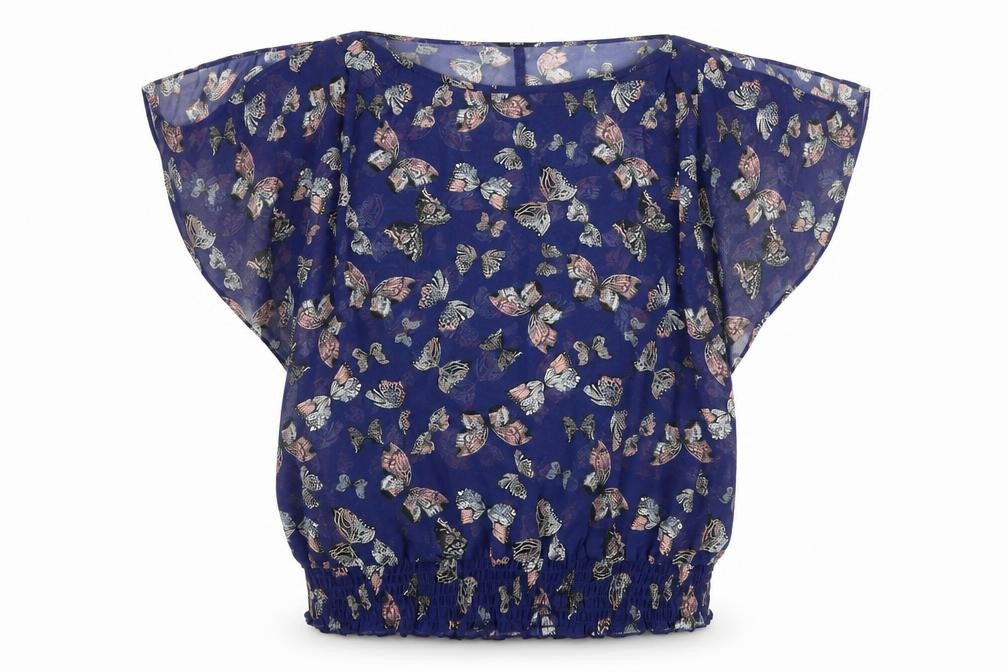 Front view of F&G women’s blue geometric chiffon basic blouse, size UK 6, - butterflies