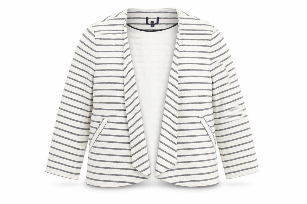 Front view of Preworn women’s white striped jacket blazer, size UK 8