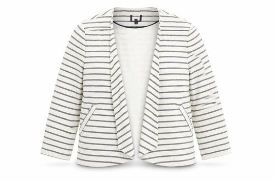 Front view of Preworn women’s white striped jacket blazer, size UK 8
