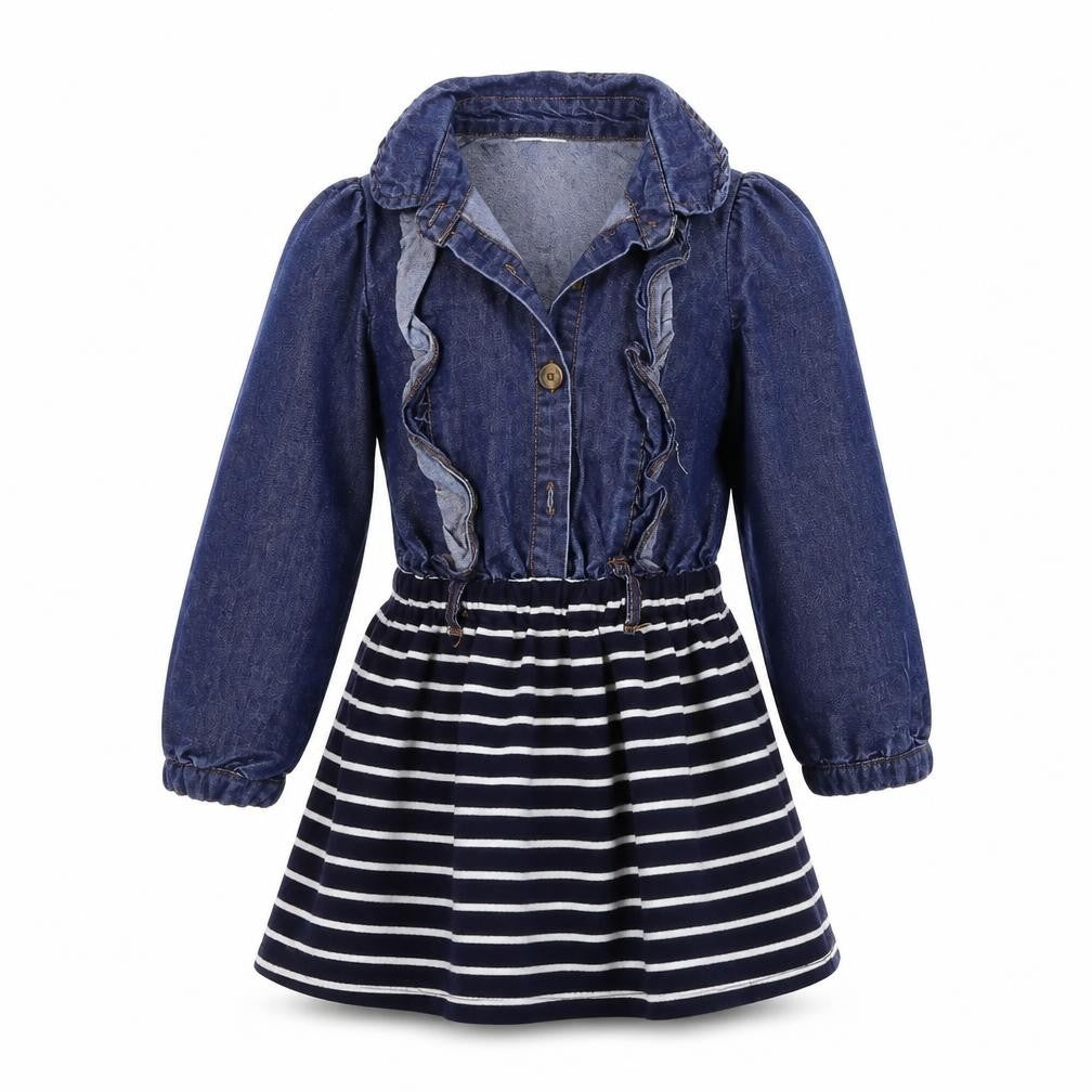 Front view of Phelfish girls’ blue striped a-line, size 9, years