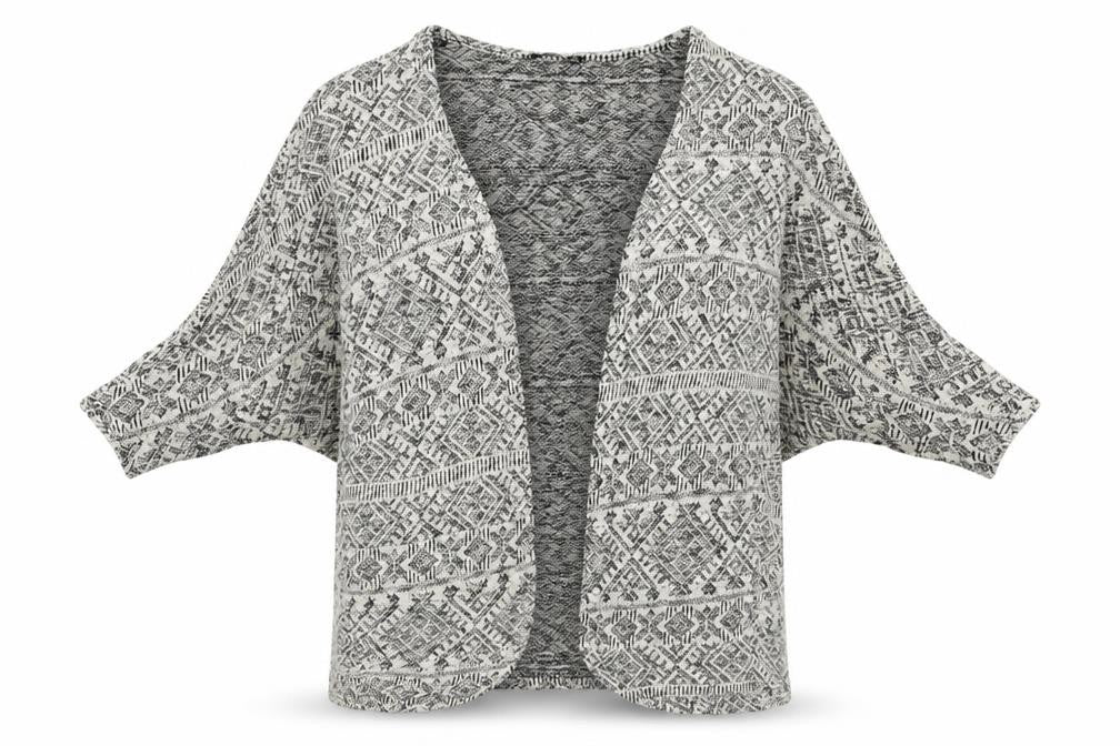 Front view of Atmosphere women’s white geometric cardigan jumper, size S