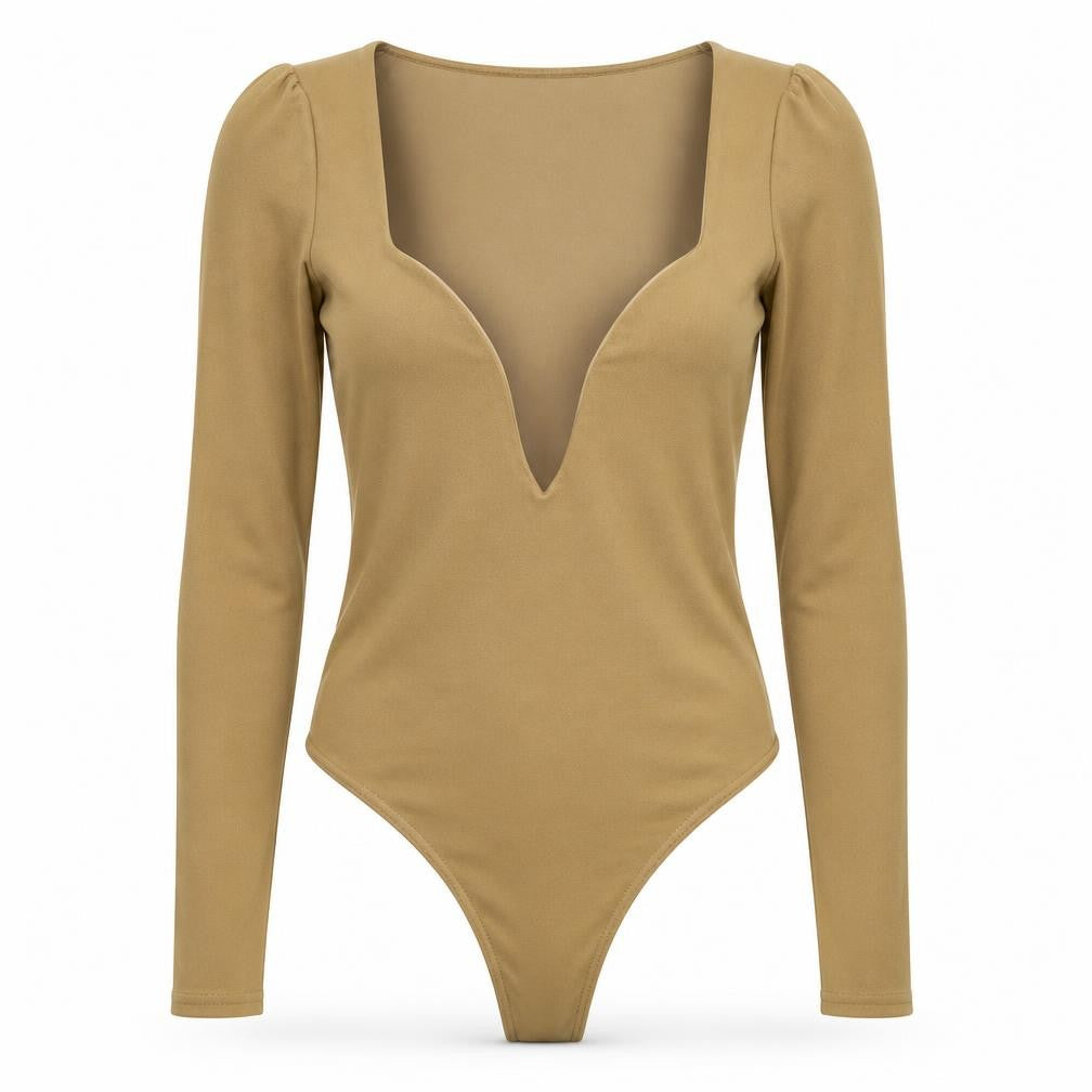 Front view of PRETTYLITTLETHING women’s beige bodysuit one-piece, size UK 10