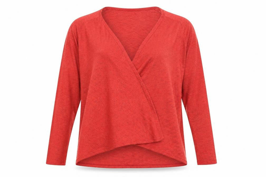 Front view of George women’s red cardigan jumper, size UK 8