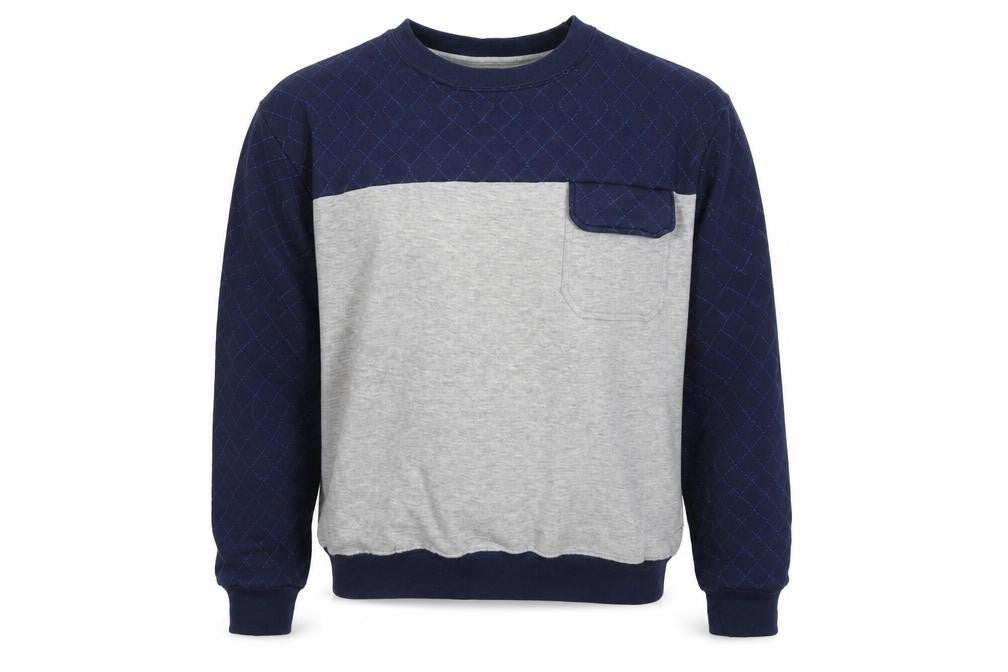 Front view of R.W.C men’s blue pullover sweatshirt, size XL