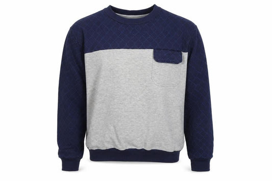 Front view of R.W.C men’s blue pullover sweatshirt, size XL