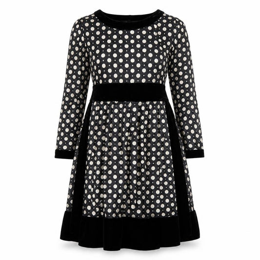 Front view of Pussycat women’s black polka dot jumper dress, size UK 8