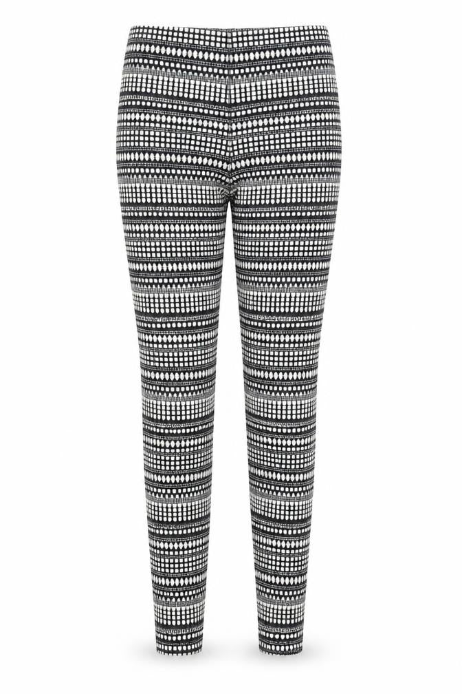Front view of H&M women’s multicoloured geometric jegging trousers, size UK 6, 28-inch leg