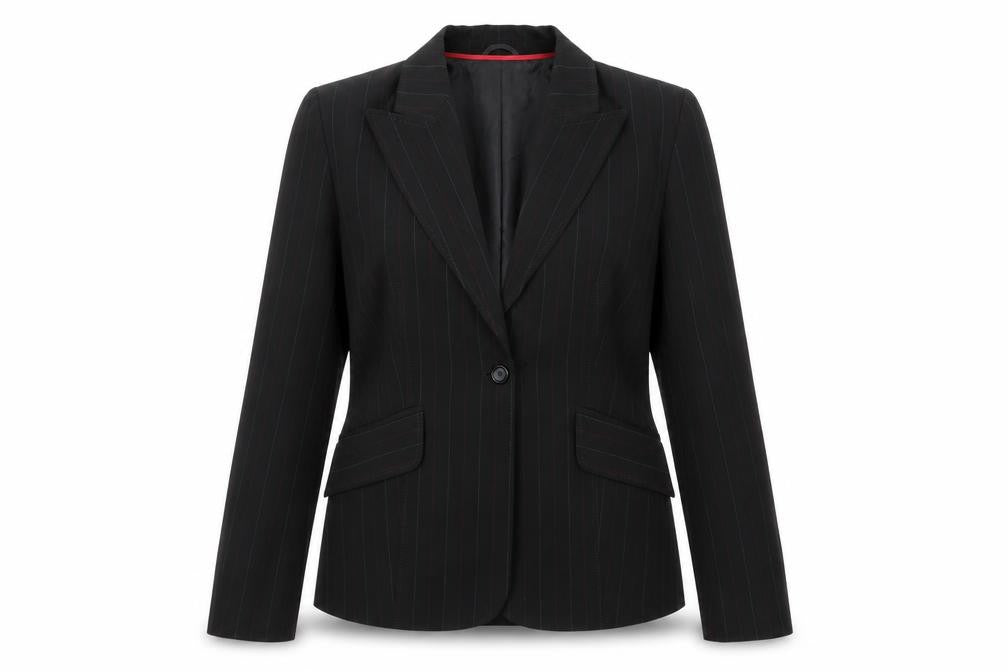 Front view of Liquid women’s black striped jacket suit jacket, size UK 14