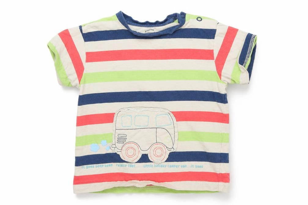 Front view of Tu Baby Beige Striped Basic T-Shirt, size 18-24, Months - Camper Van