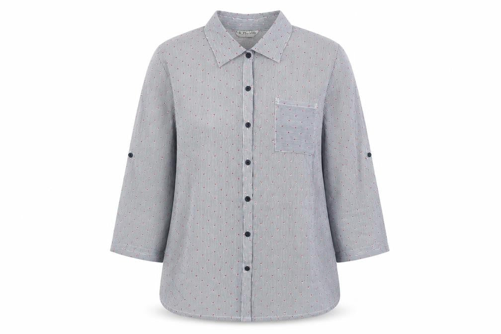 Front view of f.d.joseph women’s blue polka dot basic blouse, size M