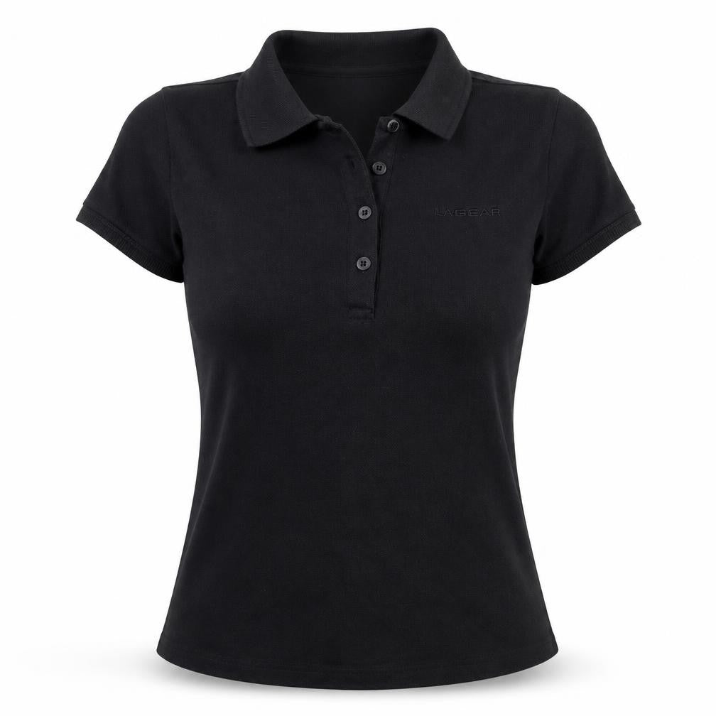 Front view of LA Gear women’s black basic polo, size UK 8