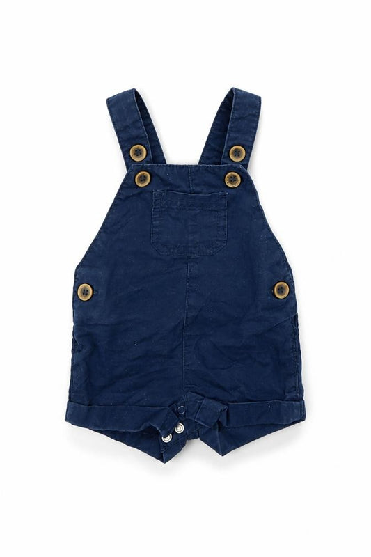 Front view of F&F girls’ blue dungaree one-piece, size 0-3, months