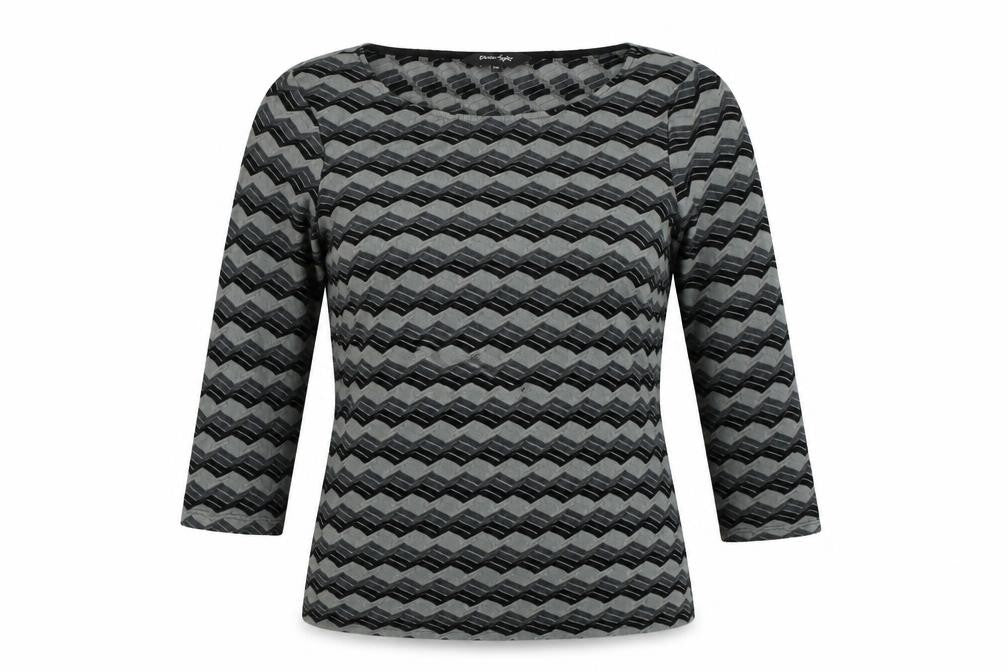 Front view of Phase Eight women’s grey striped jumper, size UK 10