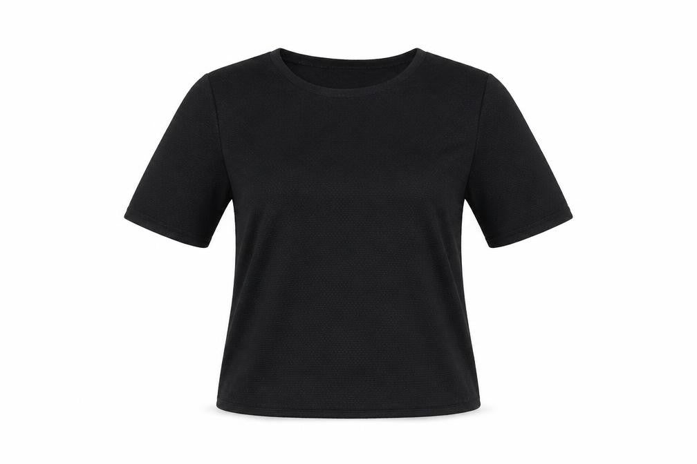 Front view of Atmosphere women’s black basic t-shirt, size UK 12
