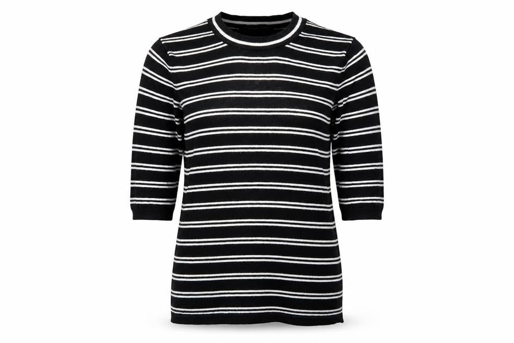 Front view of Atmosphere women’s black striped tunic t-shirt, size UK 6