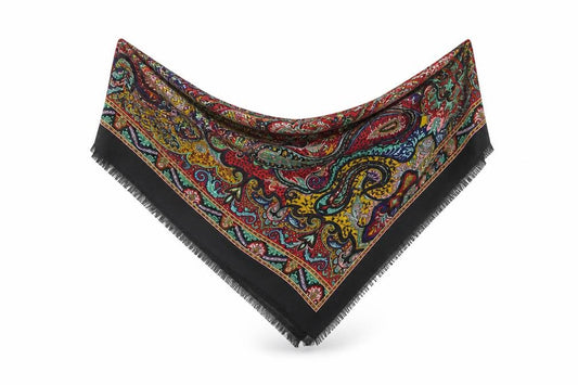Front view of Preworn unisex black paisley shawl/wrap