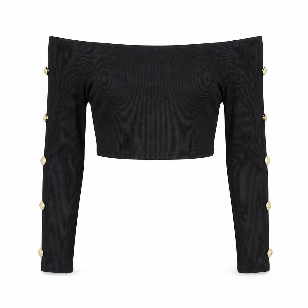 Front view of PRETTYLITTLETHING women’s black cropped blouse, size UK 4