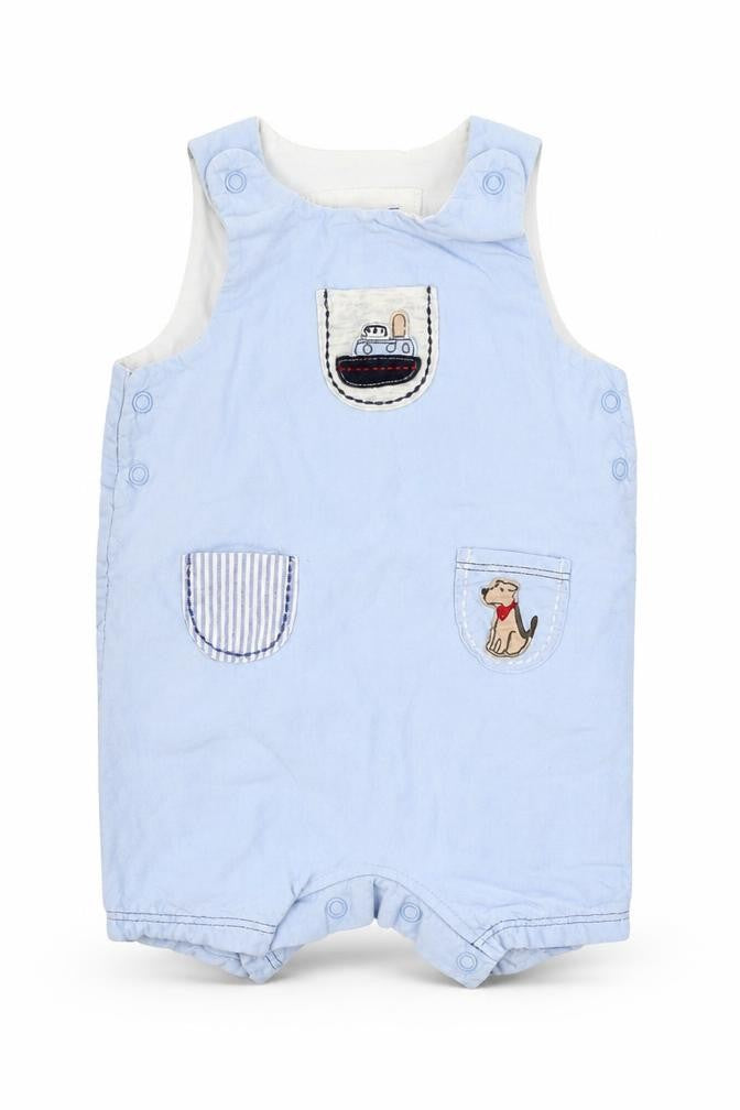 Front view of Next boys’ blue dungaree one-piece, size 0-3, months