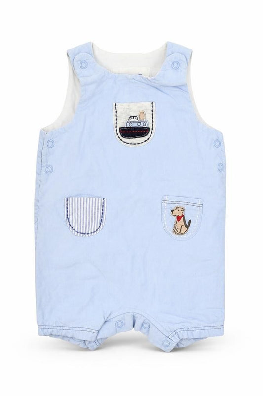 Front view of Next boys’ blue dungaree one-piece, size 0-3, months