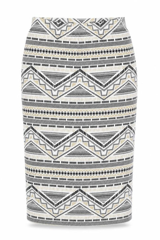 Front view of Atmosphere women’s gold geometric straight & pencil skirt, size UK 6